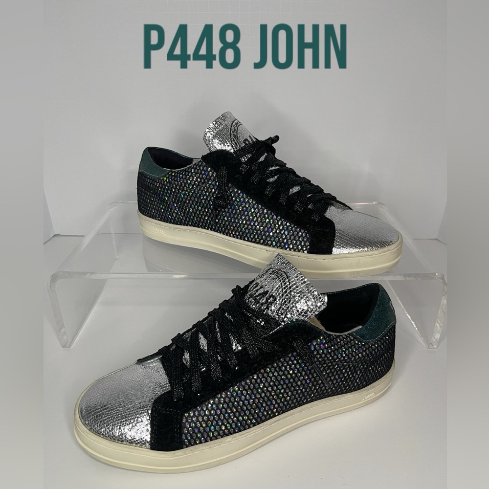 P448 John Women’s Silver/Black Mesh Shimmer Platform Tennis Shoe Size E39/US8.5